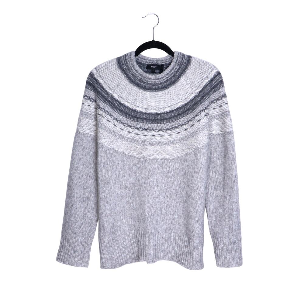 THEORY Fair Isle Sweater Melange Light Grey Wool Blend Long Sleeve Women's P/00